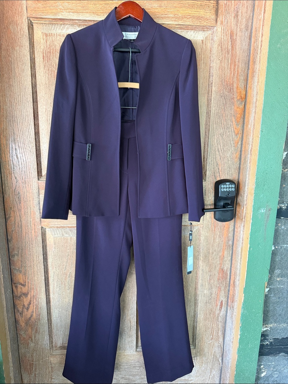 Tahari ASL Plum Collarless Jacket & Matching Trousers
